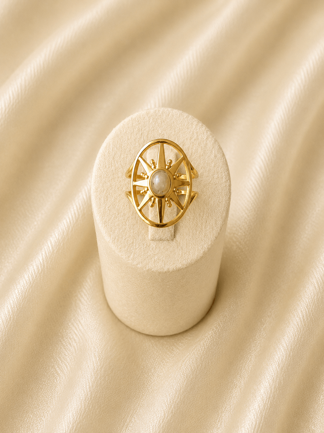 Bague solaire acier inoxydable labradorite dorée · DGC