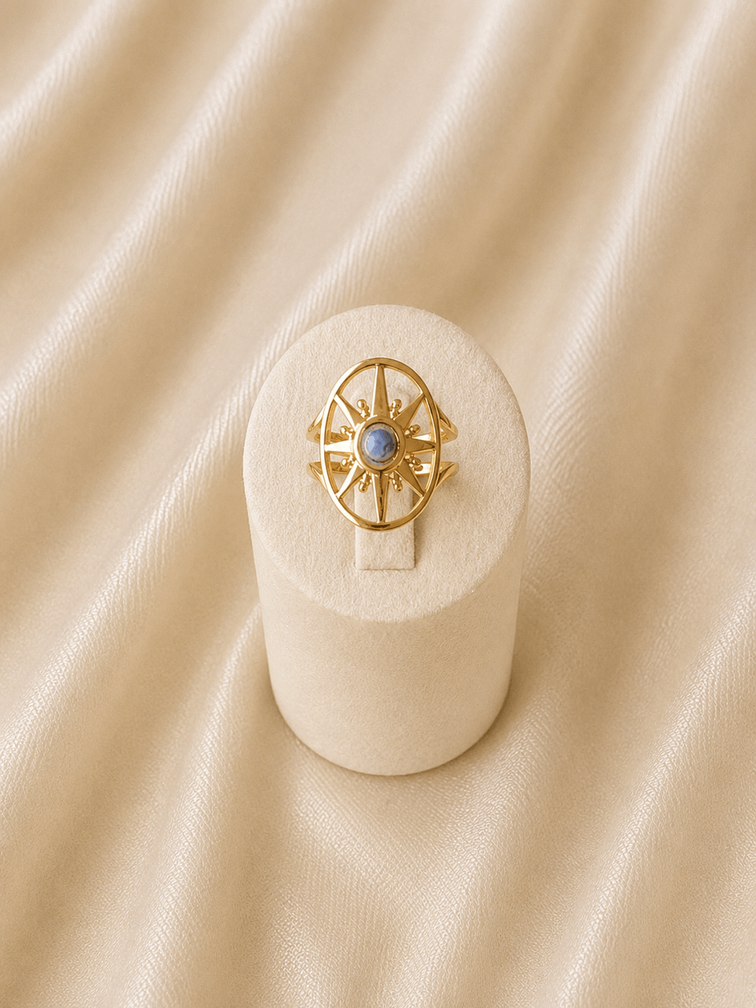 Bague solaire acier inoxydable sodalite dorée · DGC