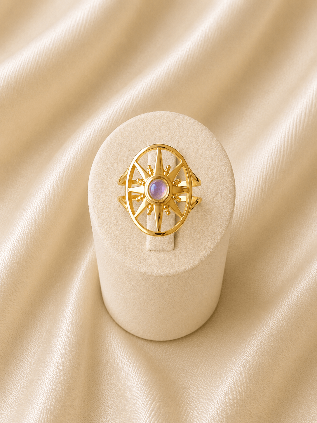 Bague solaire acier inoxydable améthyste dorée · DGC